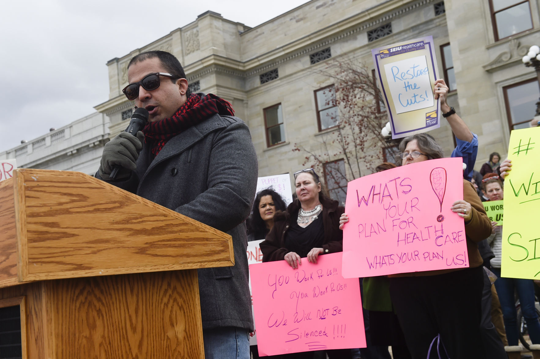 Hundreds of protesters gather to "Bring the Town Hall to Steve Daines"